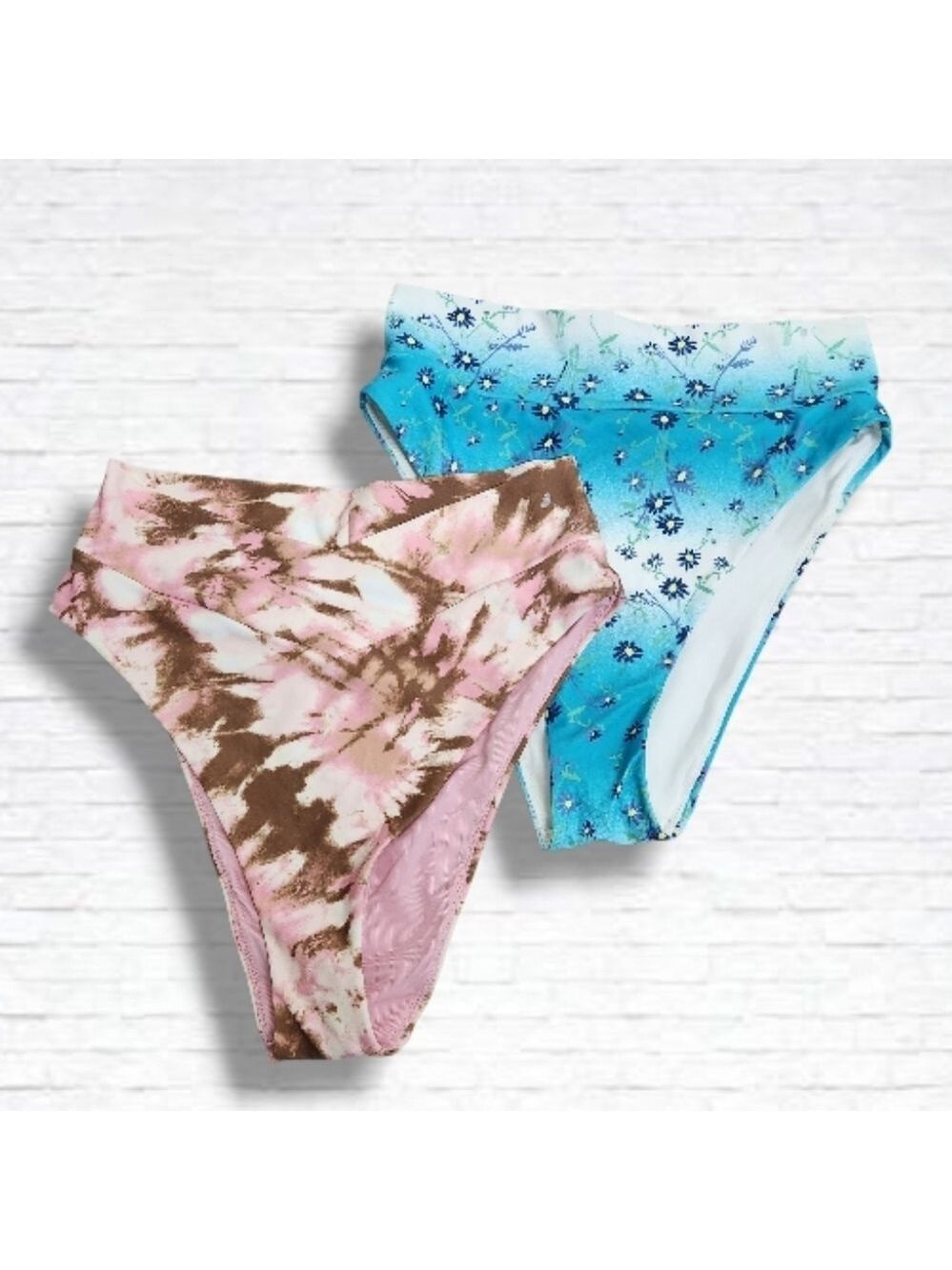 NEW! Aerie High Cut Cheeky Pink & Blue Pattern Bikini Bottom Bundle Size M NWOT